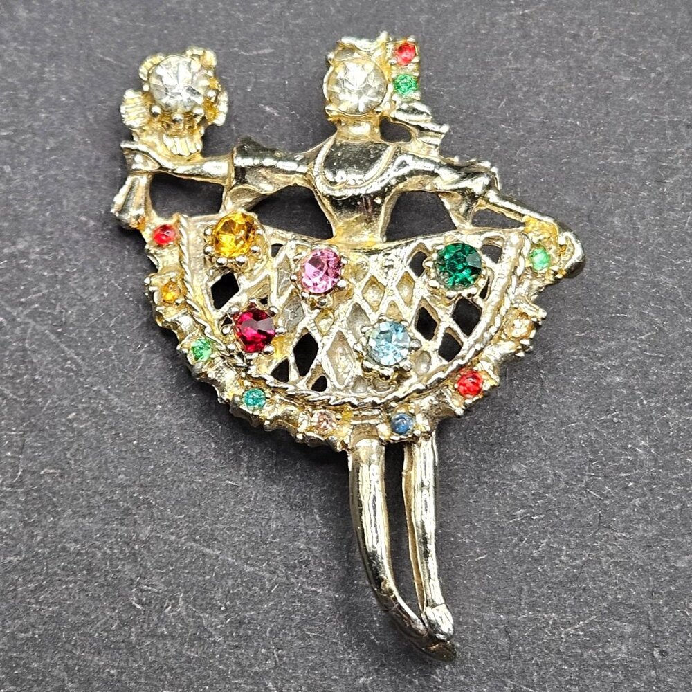 Vintage Ballerina Brooch Ballet Dancer Bouquet Coro Craft Style Rhinestone Pin